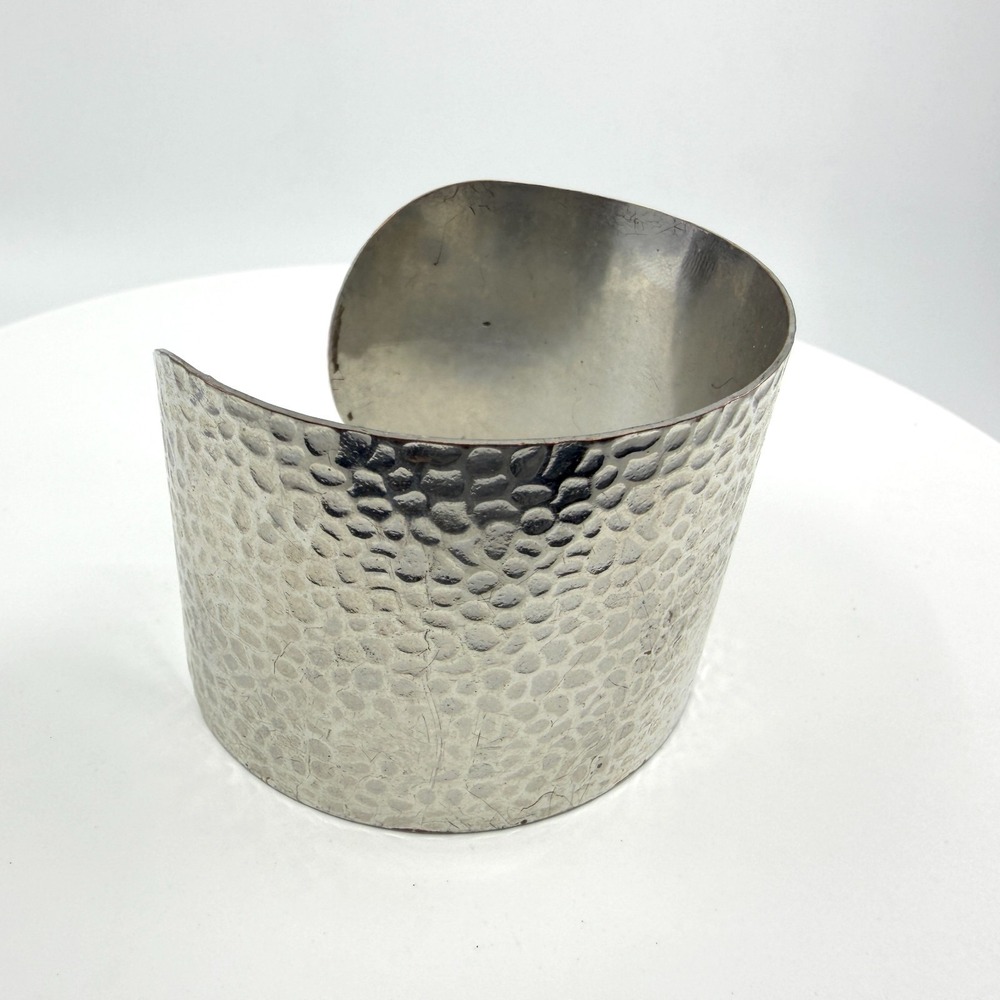 Silver Tone Hammered Wide Cuff Boho Statement Bracelet - Fashion Jewelry